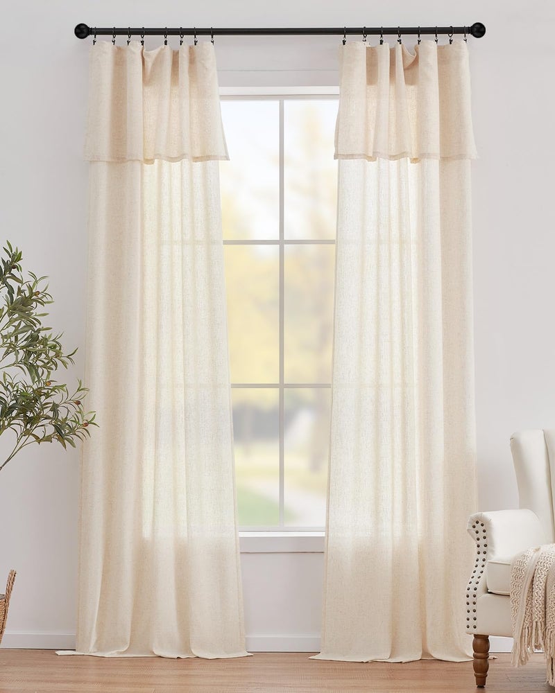 jinchan Linen Blend Light Filtering Curtains 38W x 96L Inch Beige for Living Room Farmhouse Boho Curtains Attached Valances Hooks Drapes 2-Panel Set - Image 1